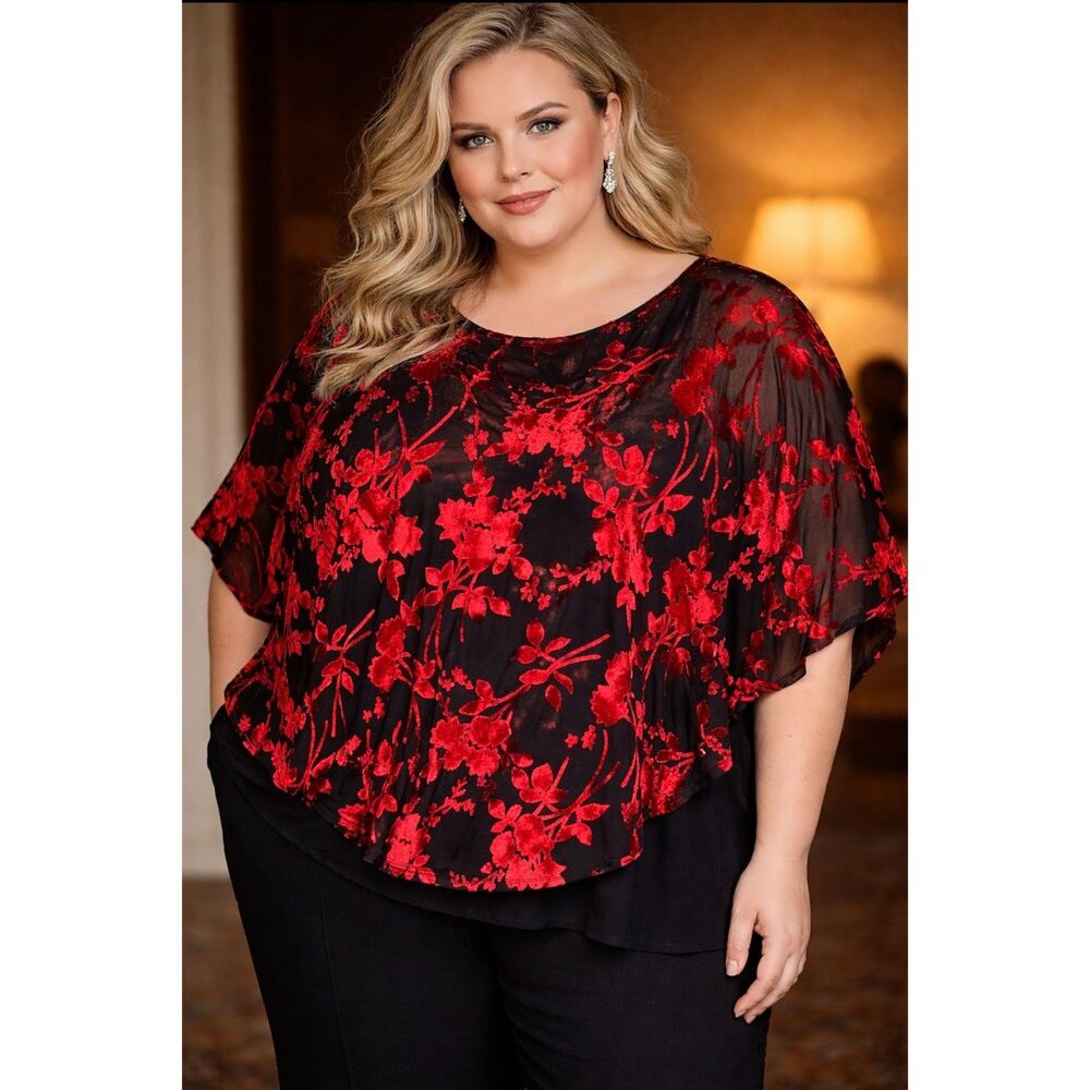 Red Velvet Shirt Poncho Black Sheer Witchy Goth Dark Romantic Women's 2X Amana
